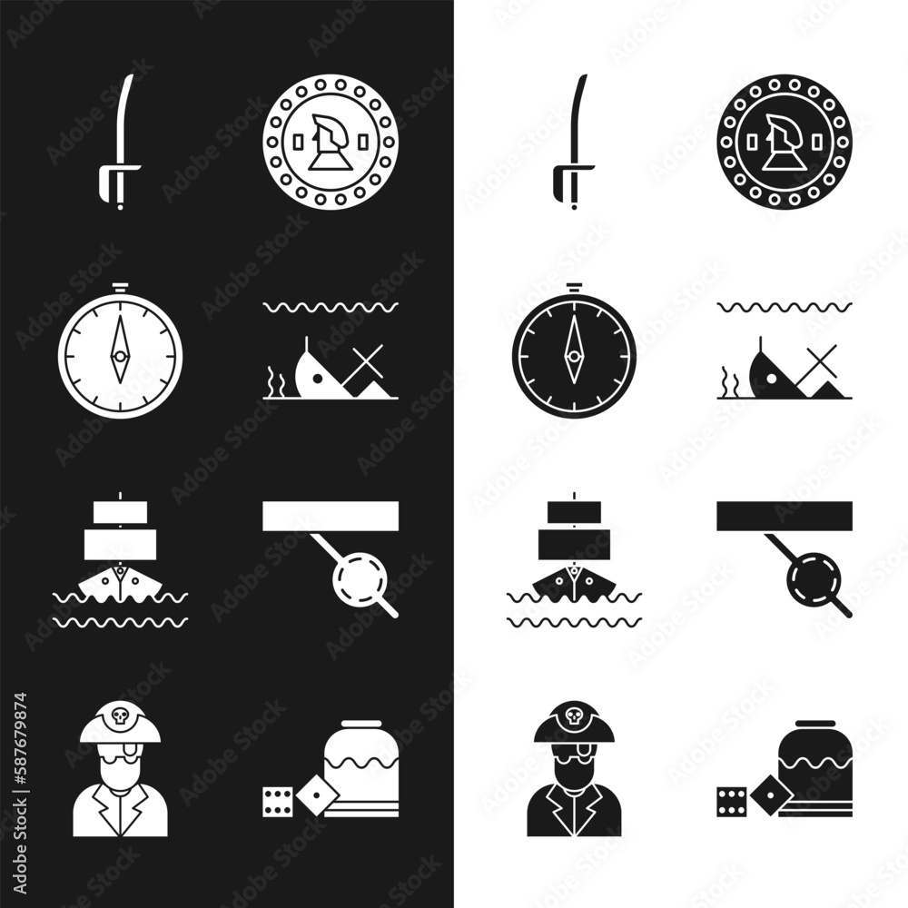 Wall mural set sunken ship, compass, pirate sword, coin, ship, eye patch, game dice and captain icon. vector