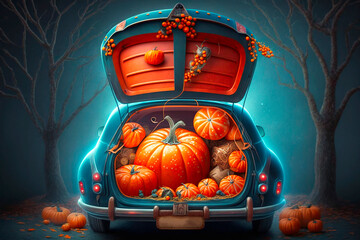 cute trunk of car decorated for Halloween with cobwebs, orange balloons, pumpkins and sweets, the outdoor creative activity concept in autumn in October, AI generative