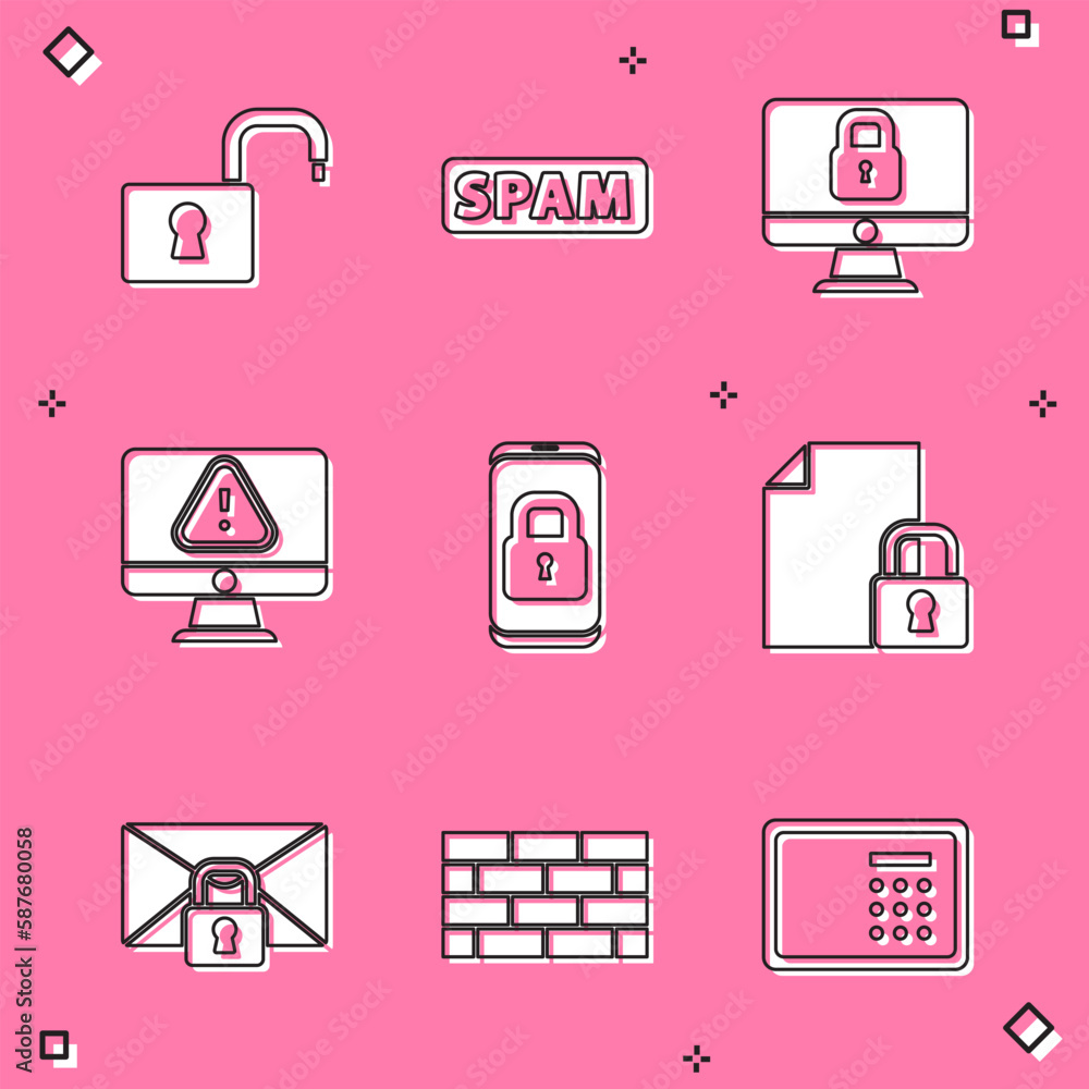 Poster set open padlock, spam, lock on computer monitor, monitor with exclamation mark, mobile closed, docu