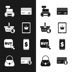 Set Shopping basket on tablet, and euro, Cash register machine, Credit card, Buy button, Smartphone with dollar, and Handbag icon. Vector