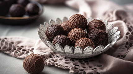 Chocolates in a round bowl on a white lace tablecloth. Generated AI