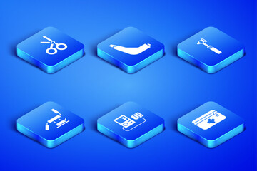 Set First aid kit, Medical scissors, Blood pressure, dental chair, Inhaler and otoscope tool icon. Vector