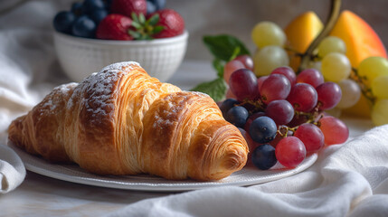 Croissant with fruit on a white lace tablecloth Generated AI