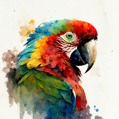 Watercolor painting of a parrot with white background.