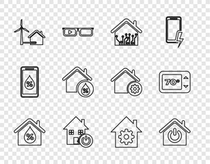 Set line House humidity, Smart home, with wind turbine, settings and Thermostat icon. Vector