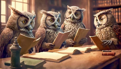 Peel and stick wall murals Owl Cartoons group owls reading book in class, wisdom and knowledge concept, Generative AI