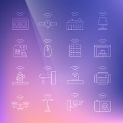 Set line Smart photo camera, printer, warehouse, home with wireless, Wireless mouse, coffee machine, electrical outlet and server icon. Vector