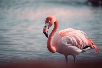 Fototapeta na wymiar a pink flamingo standing in the water with its beak open. generative ai