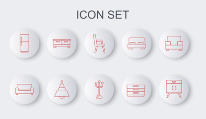 Set line Chest of drawers, Sofa, Armchair, Refrigerator, Chandelier and Coat stand icon. Vector