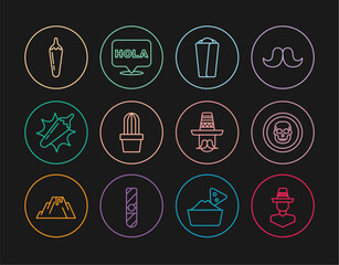 Set line Mexican man sombrero, skull coin, Burrito, Cactus or succulent pot, Hot chili pepper pod, and Hola icon. Vector © vector_v