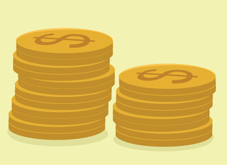 Two piles of gold coins with dollar sign, vector, art, money.