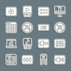 Set line Speaker volume, Sound mixer controller, Mute microphone, Rewind button, mute, Music playlist, Record and Pause icon. Vector