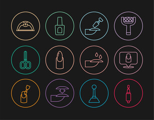 Set line Milling cutter for manicure, Manicure, Nail, scissors, lamp, and Bottle of nail polish icon. Vector