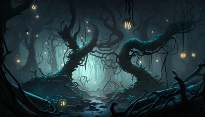 A dark forest with twisted vines glowing mushrooms and ominous fog  Generative AI