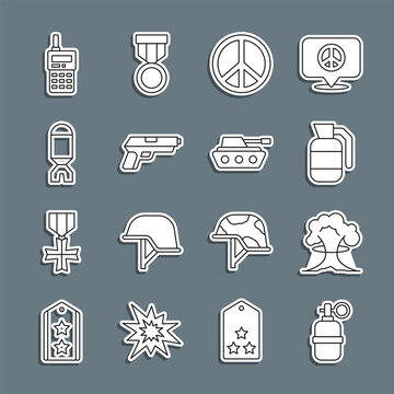 Set line Hand grenade, Nuclear explosion, Peace, Pistol or gun, Rocket launcher, Walkie talkie and Military tank icon. Vector