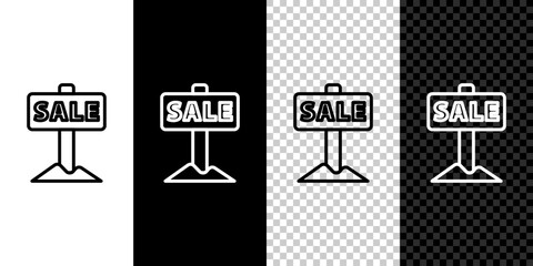 Set line Hanging sign with text Sale icon isolated on black and white background. Signboard with text Sale. Vector