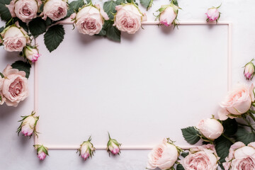 Blossom garden floral frame with empty space for text on white background. Bloom roses on table, top view flatlay border for holiday banner. Generative AI