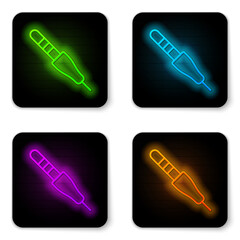 Glowing neon line Audio jack icon isolated on white background. Audio cable for connection sound equipment. Plug wire. Musical instrument. Black square button. Vector