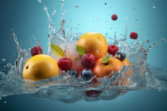Mixed fruit falling into water