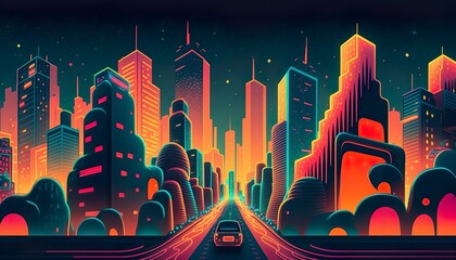 A neon cityscape with abstract shapes and patterns in the foreground  Generative AI