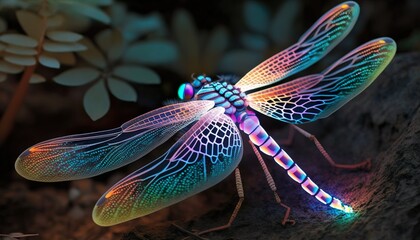 A neon dragonfly with glowing wings and a body that shimmers with color  Generative AI
