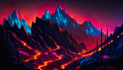 A neon mountain range with glowing peaks and valleys  Generative AI