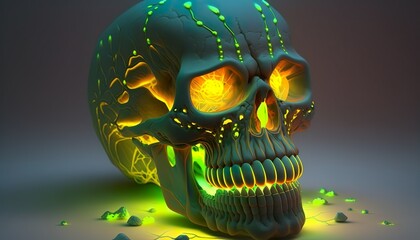 A neon skull with glowing eyes and teeth that glimmer  Generative AI
