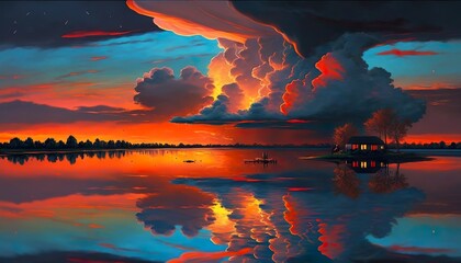 A neon sunset with glowing clouds and a shimmering reflection on the water  Generative AI