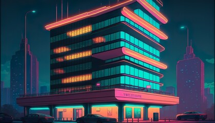 A neon skyscraper with glowing windows and a pulsing neon sign on the roof  Generative AI