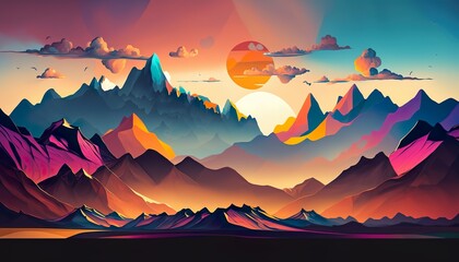 An abstract landscape with mountains and a sunrise/sunset sky  Generative AI