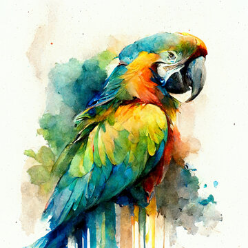 Watercolor painting of a parrot with white background.