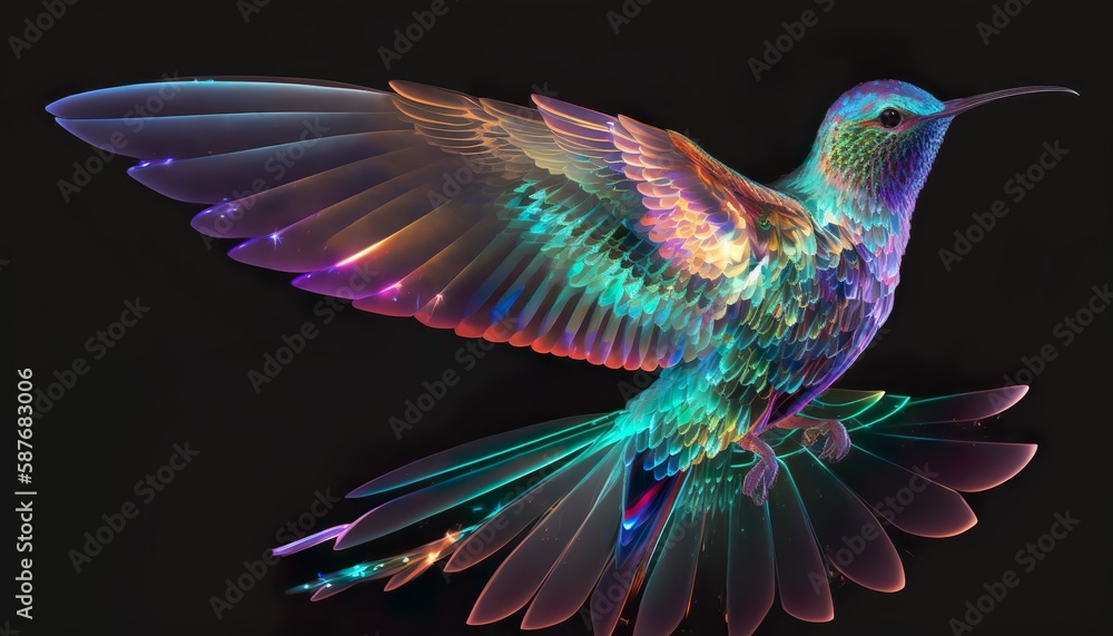 Wall mural A neon hummingbird with glowing wings that beat rapidly  Generative AI