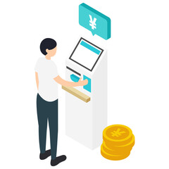 精算機で支払いをする男性のアイソメトリックイラスト