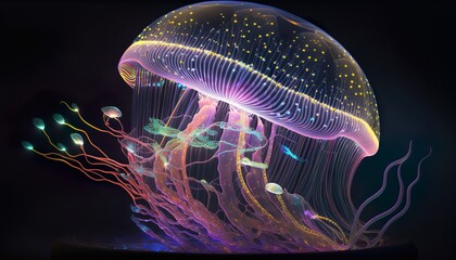 A neon jellyfish with glowing tendrils that drift and sway  Generative AI
