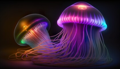 A neon jellyfish with glowing tentacles and a pulsing bell  Generative AI