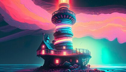A neon lighthouse with a glowing beacon that rotates  Generative AI