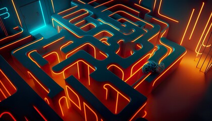 A neon maze with glowing walls and a path that twists and turns  Generative AI