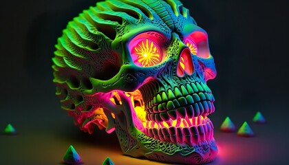A neon skull with glowing eyes and teeth that glimmer  Generative AI