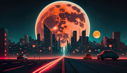 A neon skyline with a glowing moon in the background  Generative AI