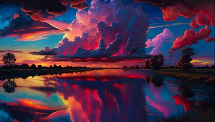 A neon sunset with glowing clouds and a shimmering reflection on the water  Generative AI