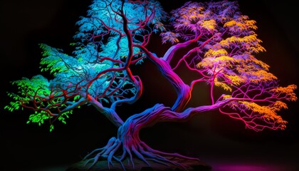 A neon tree with glowing roots and branches that sway in the wind  Generative AI
