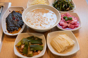 South Korea food. Scorched Rice Soup and side dish
