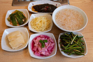 South Korea food. Scorched Rice Soup and side dish