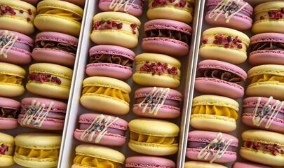 Close up many pink and yellow macarons dessert with different tastes