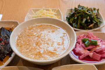 South Korea food. Scorched Rice Soup and side dish