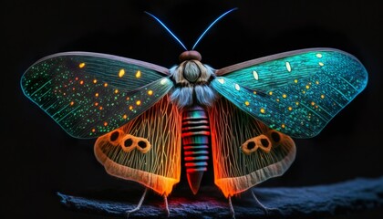 A neon moth with glowing wings that flutter and flap  Generative AI