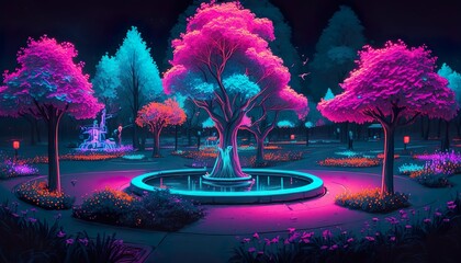 A neon park with glowing flowers and trees and a pulsing fountain  Generative AI
