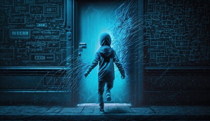 Niño con capucha corriendo hacia una puerta transformándose en datos informáticos representando el cambio technológico. 