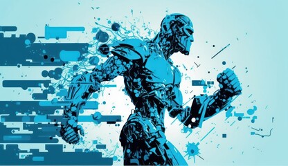 Robot humanoide atlético transformándose en datos informáticos.  Caminado hacia delante con fuerza y decisión. - obrazy, fototapety, plakaty