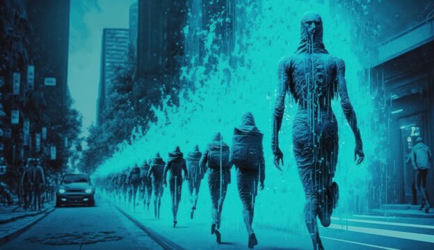 Grupo de robots humanoides caminado en fila en un ambiente apocalíptico, con una gama de colores azules y negros. 